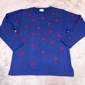 Quacker Factory‎ Blue Sweatshirt Red Star Patriotic Embroidered Rhinestone Med.